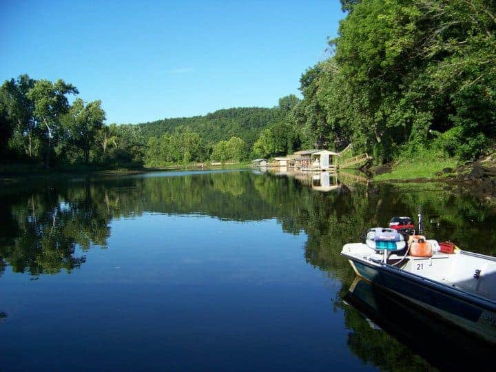 Gene's Trout Fishing's dock from the river.